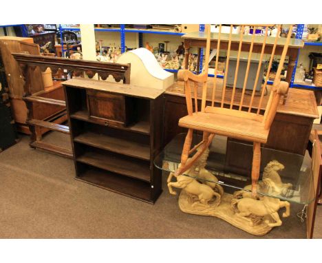 Georgian oak delft rack, open bookcase, rocking chair, glass topped coffee table and framed playing cards (5)