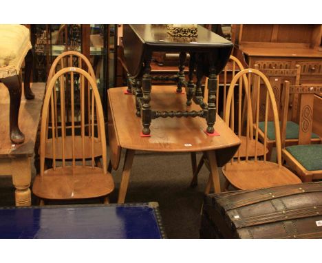 Ercol elm drop leaf dining table and four Quaker chairs together with an Ercol drop leaf coffee table (6)