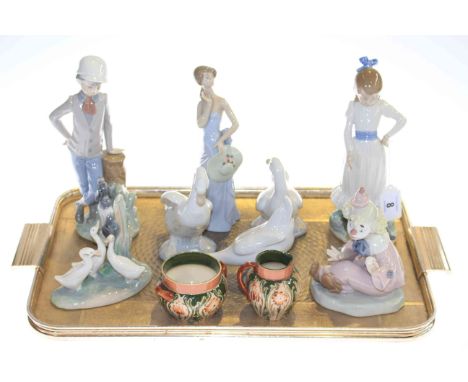 Lladro figure, Nao figures and swans and MacIntyre Burslem sugar and cream