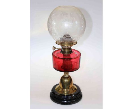 Victorian brass and ruby reservoir oil lamp