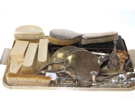 Ivory backed brush set, silver backed brush set, assorted silver including spoons, toast rack, snuff box etc.