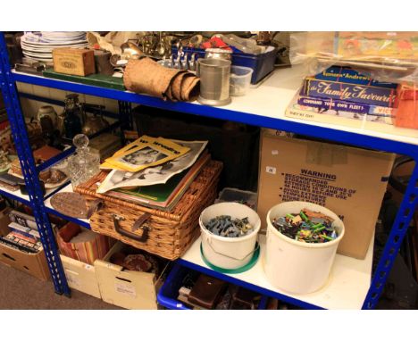 Toy soldiers, model vehicles, Mamod roller, picnic hamper, various bottles and collectables