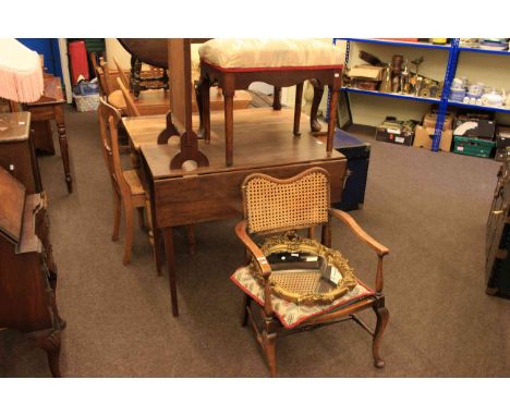 Georgian oak drop leaf table, occasional armchair, two stools, needlework firescreen and gilt framed mirror (6)