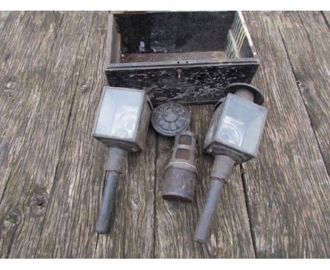 A pair of vintage carriage lamps, a radiator warming lamp and a timber tool box 