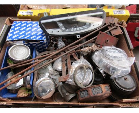 A box of mixed including chrome light surrounds, Hub Nuts, a Smiths speedo and lights etc