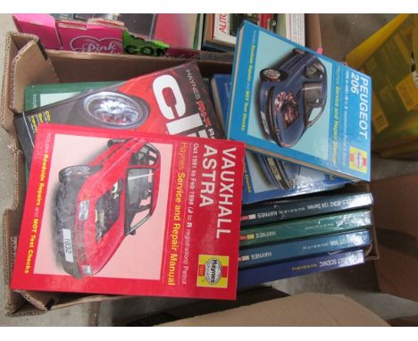 A box of Haynes manuals including Peugeot, Renault and Vauxhall etc