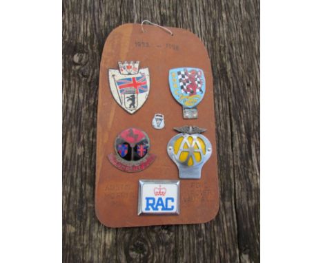 A board containing five auto badges and a Rover key fob, British Automobile Racing Club No 3459, AA badge No 0747306, an RAC 