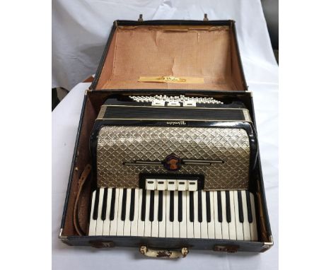 'WELTMEISTER' GERMAN ACCORDION with a black gloss body and straps, with carrying case 