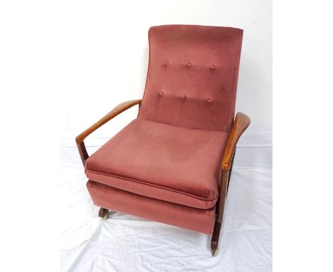 RETRO 1970s RECLINING ARMCHAIRin a salmon pink velour with a button back and shaped arms, standing on shaped supports with ca