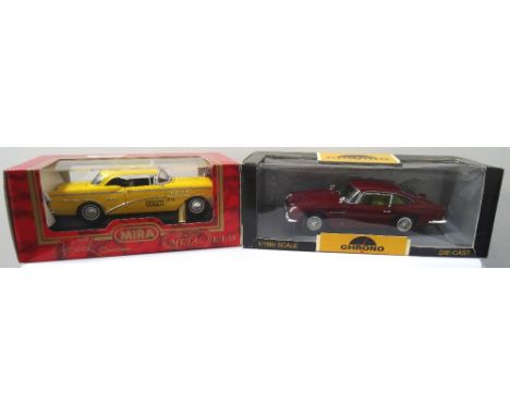 A 'MIRA' DIE CAST METAL MODEL 1955 BUICK (Yellow Taxi)and a 'Chrono' Aston Martin DB5 1963, both 1/18" scale and with boxes