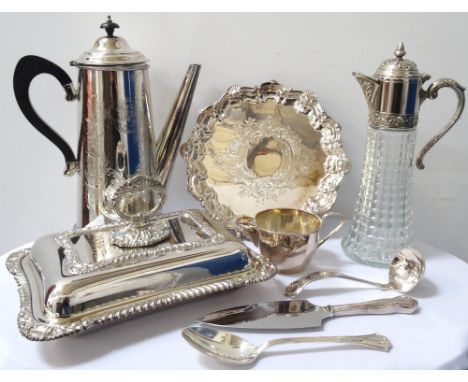 COLLECTION OF SILVER PLATED WARESincludes a selection of serving trays, three piece tea service, tall coffee pot with heating