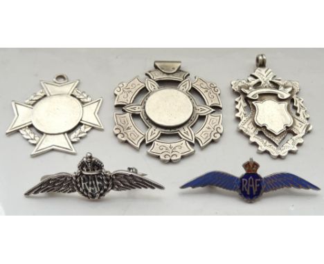 THREE SILVER MEDAL FOBSand two silver RAF sweetheart brooches, one with enamel decoration
