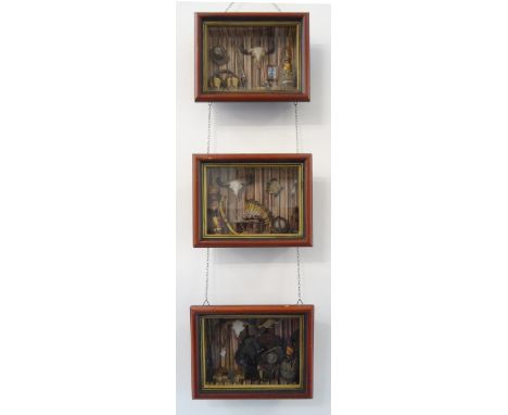NATIVE AMERICAN TRIPLE DIORAMAcombining three linked pictures featuring scenes including a cowboy riding a bucking bronco sur
