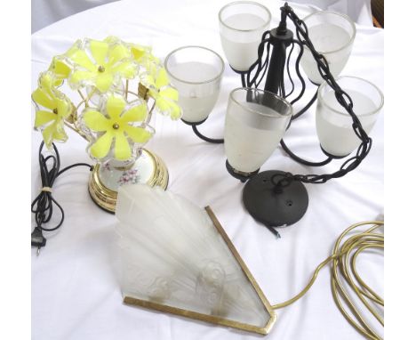 SELECTION OF LIGHT FITTINGSincluding a five branch pendant light with part opaque glass shades on shaped arms, an Art Deco st