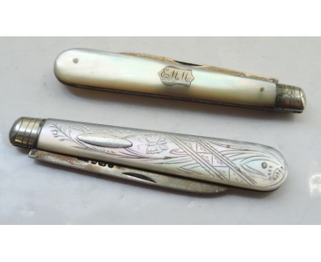 TWO VICTORIAN SILVER BLADED FRUIT KNIVESboth with mother of pearl handle plates, one with butterfly detail, both just under 1