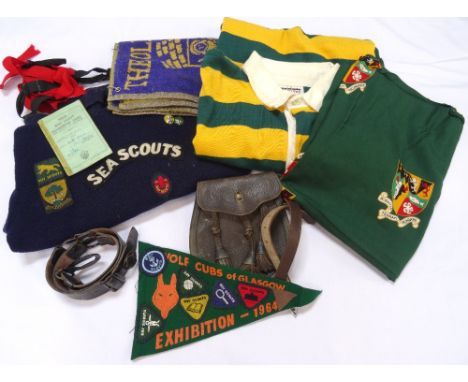 1960s '159th GLASGOW' BOY/SEA SCOUTS BLUE JUMPERwith various badges, Wolf Cubs of Glasgow Exhibition 1964 pennant with badges