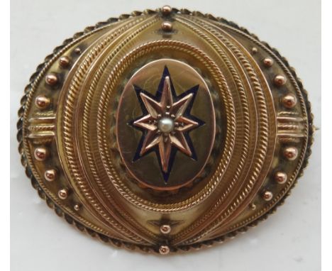 LARGE VICTORIAN SEED PEARL AND ENAMEL BROOCHthe reverse with glazed panel, in unmarked gold