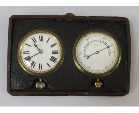 CASED TRAVELLING BAROMETER AND CLOCKeach with a circular enamel dial and Roman numerals to the clock and eight day movement, 