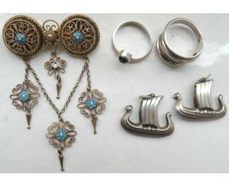 SELECTION OF SCANDINAVIAN AND OTHER SILVER JEWELLERYcomprising a silver gilt brooch with ornate filigree and enamel decoratio