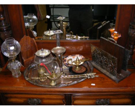 Various collectables, including serving tray, candlestick, etc. 