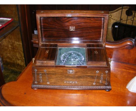 Mother of Pearl inlaid casket shaped rosewood two compartment tea caddy