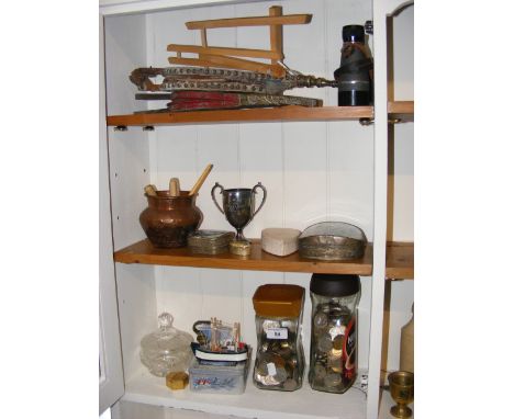 Various collectables including coinage, fire bellows, etc
