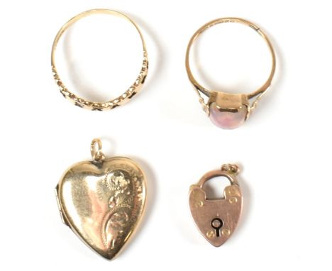 A collection of 9ct gold jewellery and a 9ct rolled gold locket. The lot to include a hallmarked 9ct gold and gem set ring, h