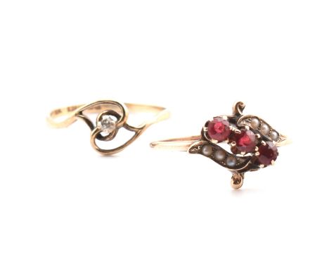 A hallmarked 9ct gold and diamond ring together with a gold, garnet and seed pearl ring. The lot to include a hallmarked 9ct 