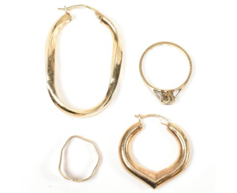 A collection of 9ct jewellery and a 14ct hoop earring AF. The lot to include a hallmarked 9ct gold and diamond solitaire ring
