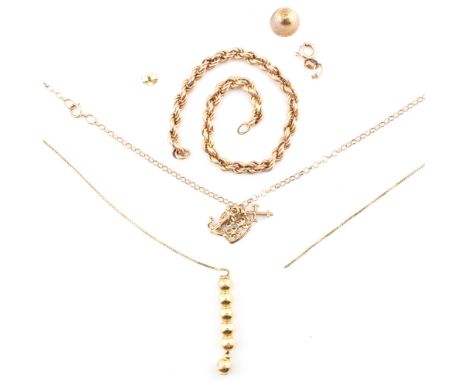 A collection of 9ct gold jewellery fragments AF. The collection to include an Italian hallmarked 9ct yellow gold rope twist c