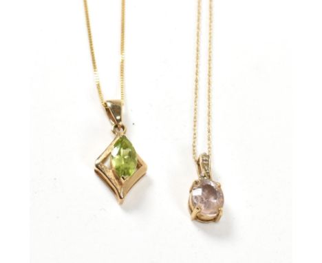 Two 9ct gold and gem set necklaces. The necklaces to include a 9ct gold ametrine and diamond pendant necklace, marked 9ct to 