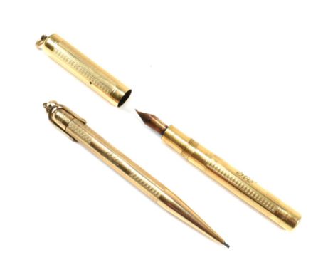 A rolled gold Mabie Todd and Company fountain pen and pencil set. The cased rolled gold writing set to include a 'Fyne Poynt'