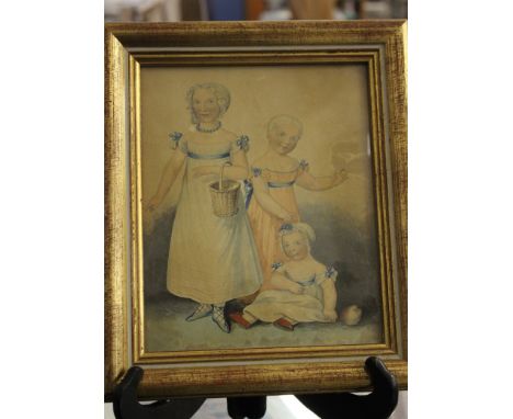 Naive School (early 19th Century)Three childrenWatercolour20cm x 16.5cm Together with a double portrait, watercolour, 13cm x 