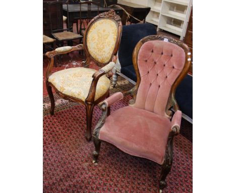 A Victorian button back open armchair set of four chairs and further open armchair 