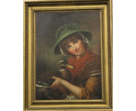 English School (19th Century)Portrait of a young girl wearing a bonnet and holding a duckOil on canvas61cm x 46cmProvenance: 