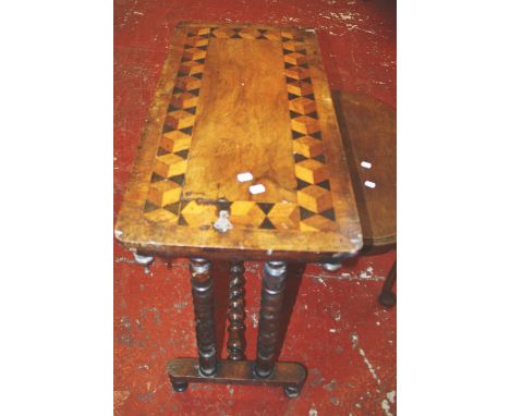 A Victorian geometrically inlaid table on bobbin turned supports together with a mahogany coffee table 