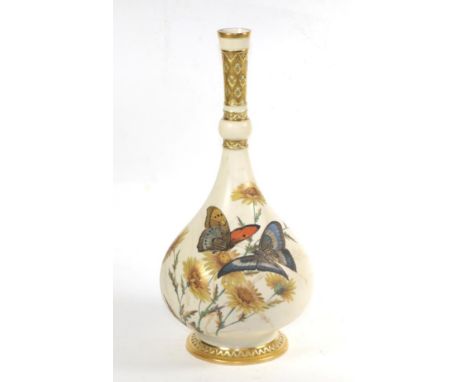 A large Royal Worcester blush ivory vase, decorated with butterflies and flowers, 39cm high