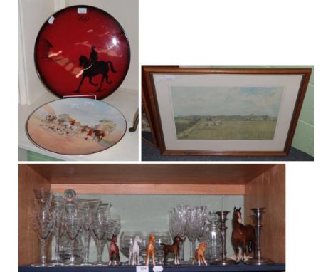 A group of Waterford glass by Jasper Conran; Beswick horses; Doulton series ware charger; Peggy Davis charger; and a signed L