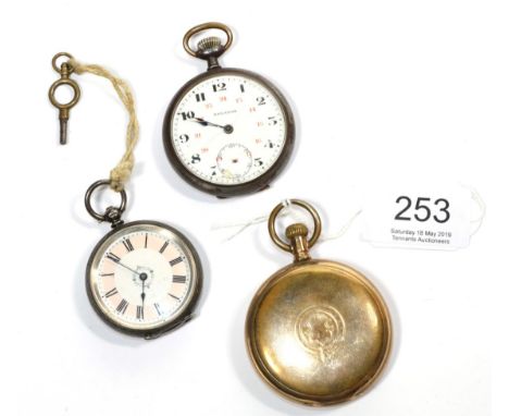 A silver fob watch with enamel dial; a gilt metal pocket watch; and another pocket watch (3) 