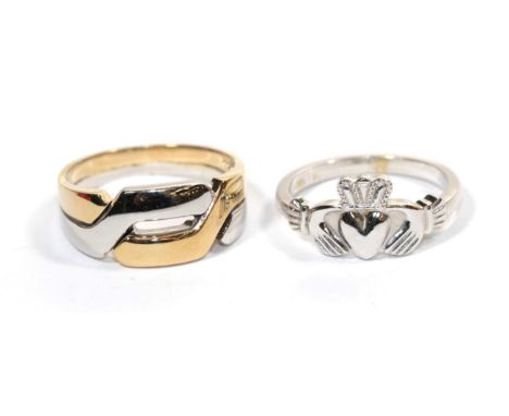 A 9 carat two colour gold entwined ring, finger size R; and a 9 carat white gold claddagh ring, finger O (2) .  Gross weight 