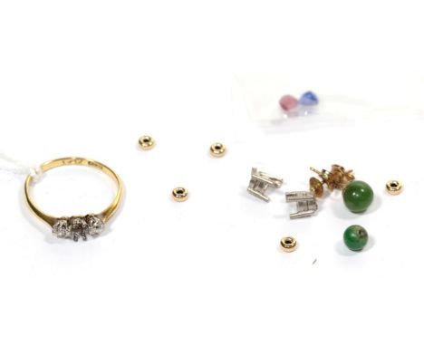 A three stone diamond ring, centre stone missing, stamped '18CT' 'PLAT'; assorted loose mounts; loose stones etc 