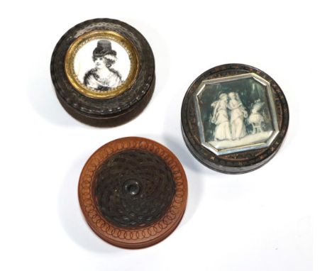 Two Louis XVI tortoiseshell snuff boxes (one depicting figures in ivory and the other an enamel portrait with circular gilt b