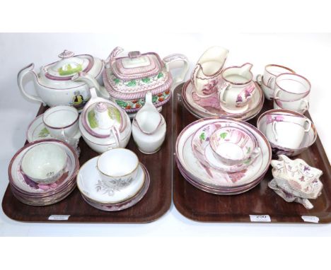 A quantity of 19th century pink lustre tea wares, including a three piece tea service printed with a lady carrying a chair
