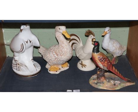 Royal Crown Derby model of a pheasant; a Goebel model of a cockerel; and three other bird models (5)
