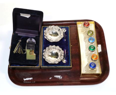 A set of six Norwegian silver and enamel topped cut glass salt and pepper pots, 4.5cm high; a cased pair of salts and spoons;