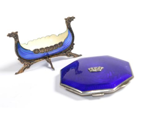 A silver and enamel lady's powder compact with Naval crown; and a Norwegian enamel Viking boat salt, stamped '925S'