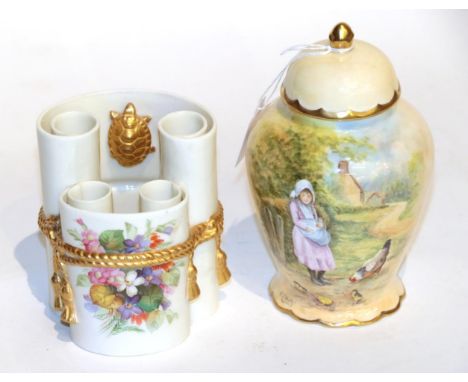 An unusual Royal Worcester "scroll" vase, with tortoise decoration; together with a vase painted with a girl feeding chickens