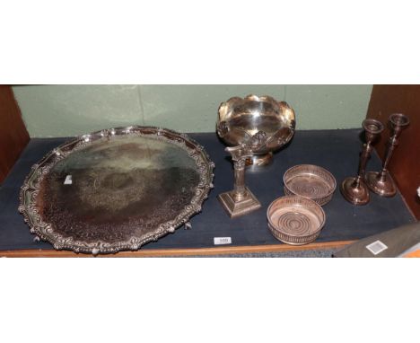 Large silver plated tray stamped 'Mappin &amp; Co'; pair of plated candlesticks; pair of bottle coasters and a bowl and a sil