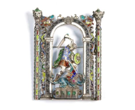 A 19th century enamel brooch depicting Saint George and the Dragon (alterations).  Unmarked. Gross weight - 31.96 grams. 