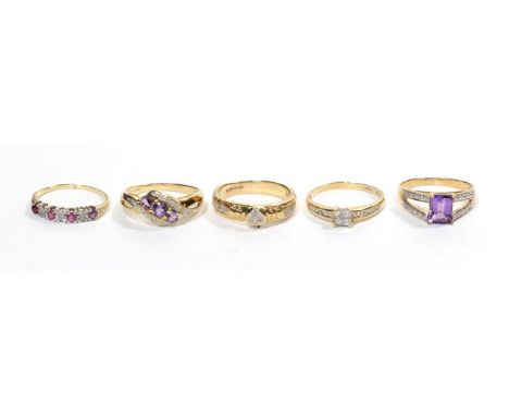 Five 9 carat gold dress rings including amethyst and diamond set examples, of varying finger sizes .  Gross weight - 13.19 gr
